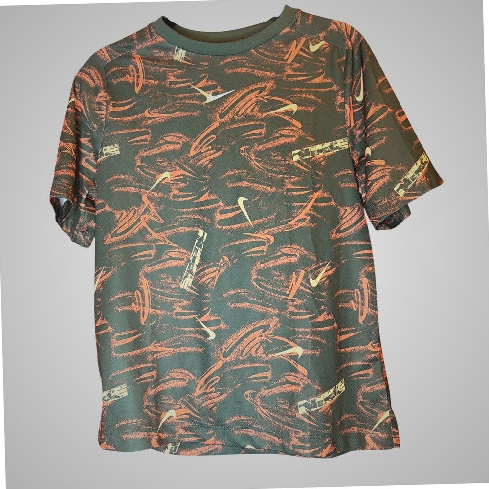 Nike Dri-FIT Kids Large T-Shirt Green Orange All Over Print Graphic Swoosh Tee